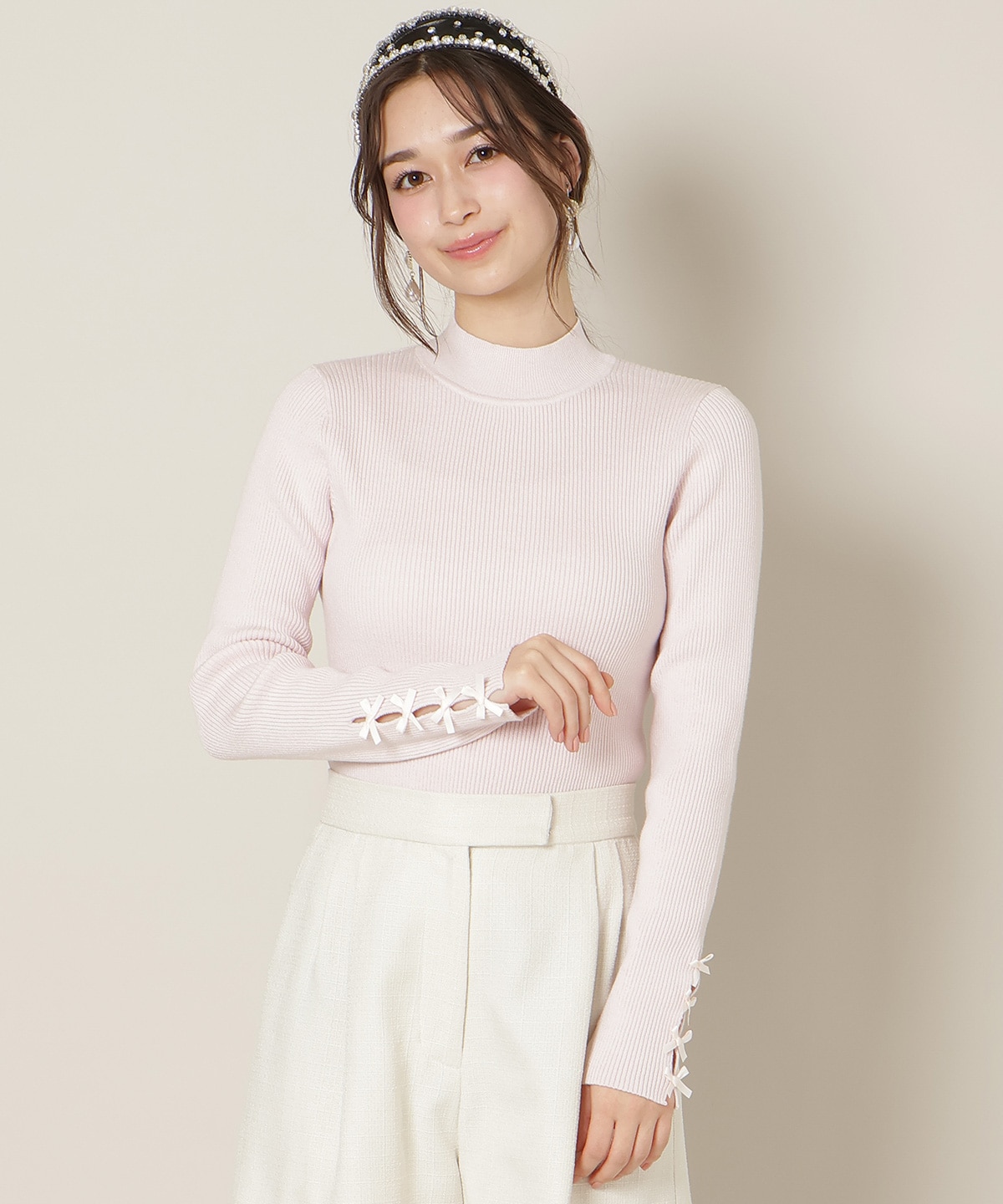 袖リボンラメリブニット