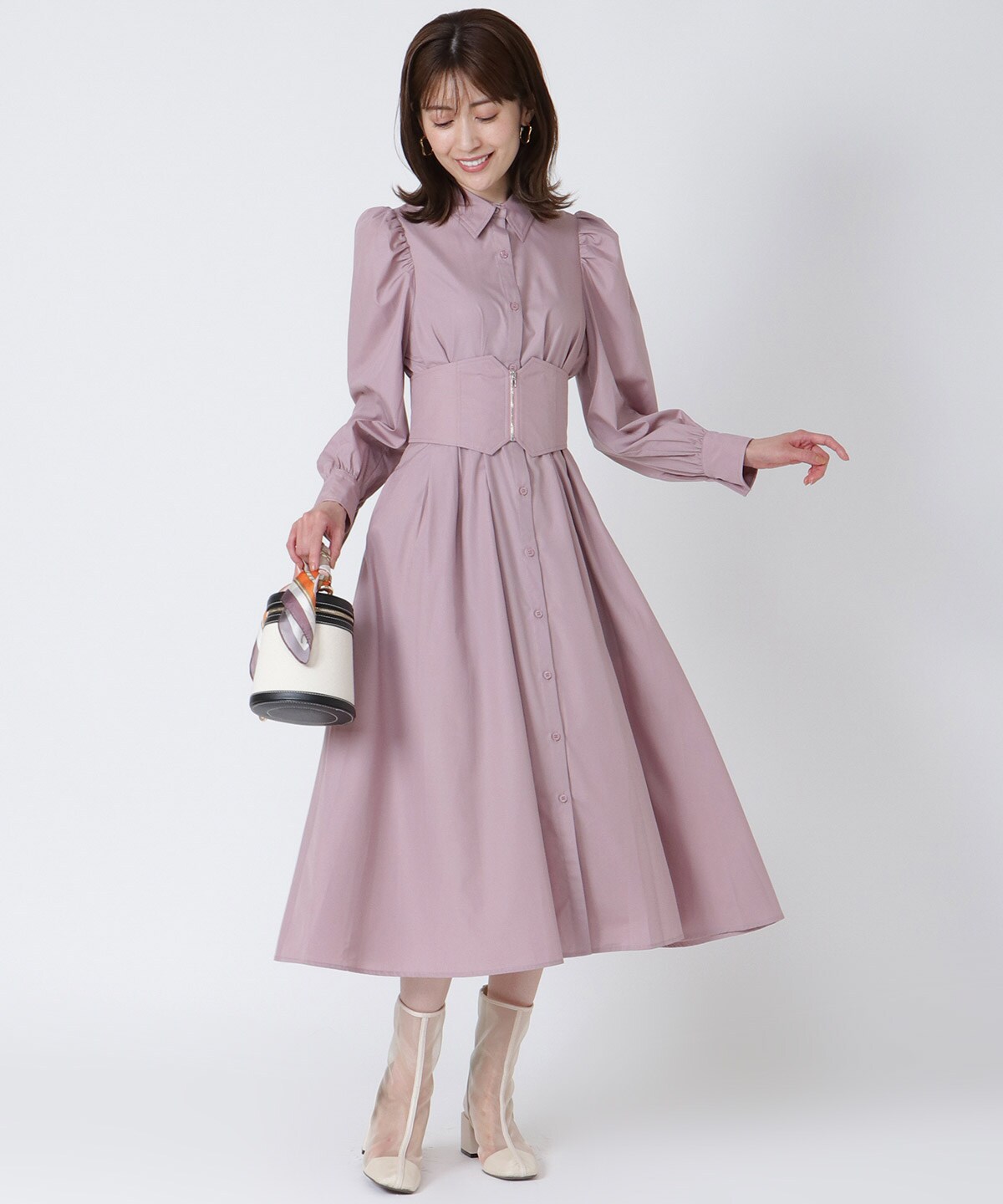 コルセットベルトボリューム袖シャツワンピース M ピンク And Couture 公式オンラインショップ バーンデストローズ