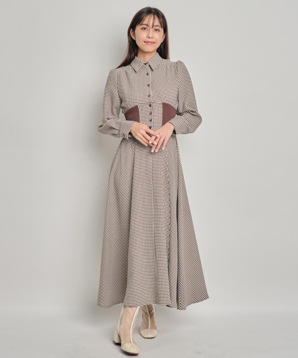 ウエストリブ千鳥柄シャツワンピース Andcouture アンドクチュール