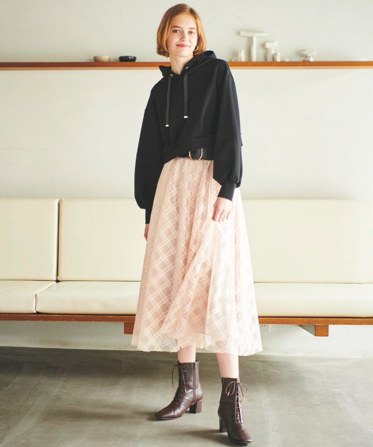 チュールバイヤスチェックレースロングスカート
        