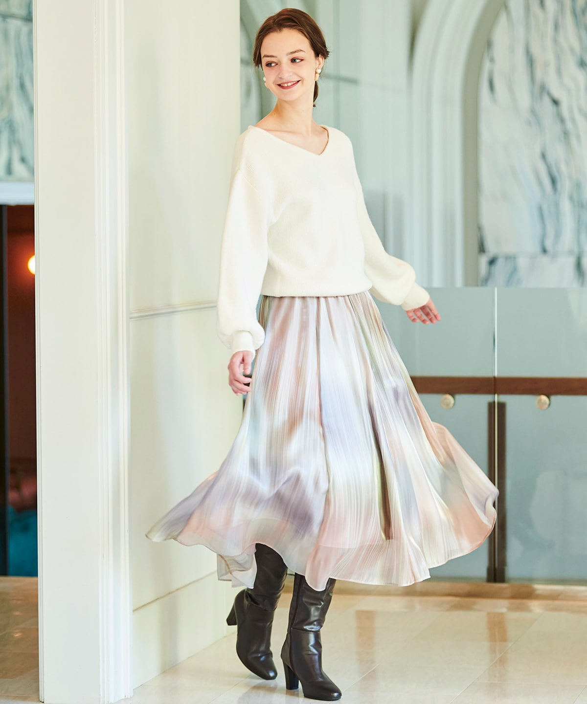 ウエストリブオーロラシアーロングスカート(M ピンク): And Couture