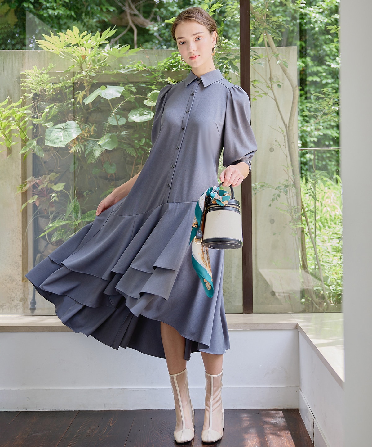 ウエストリブアシメプリーツシャツワンピース (M 【NEW COLOR