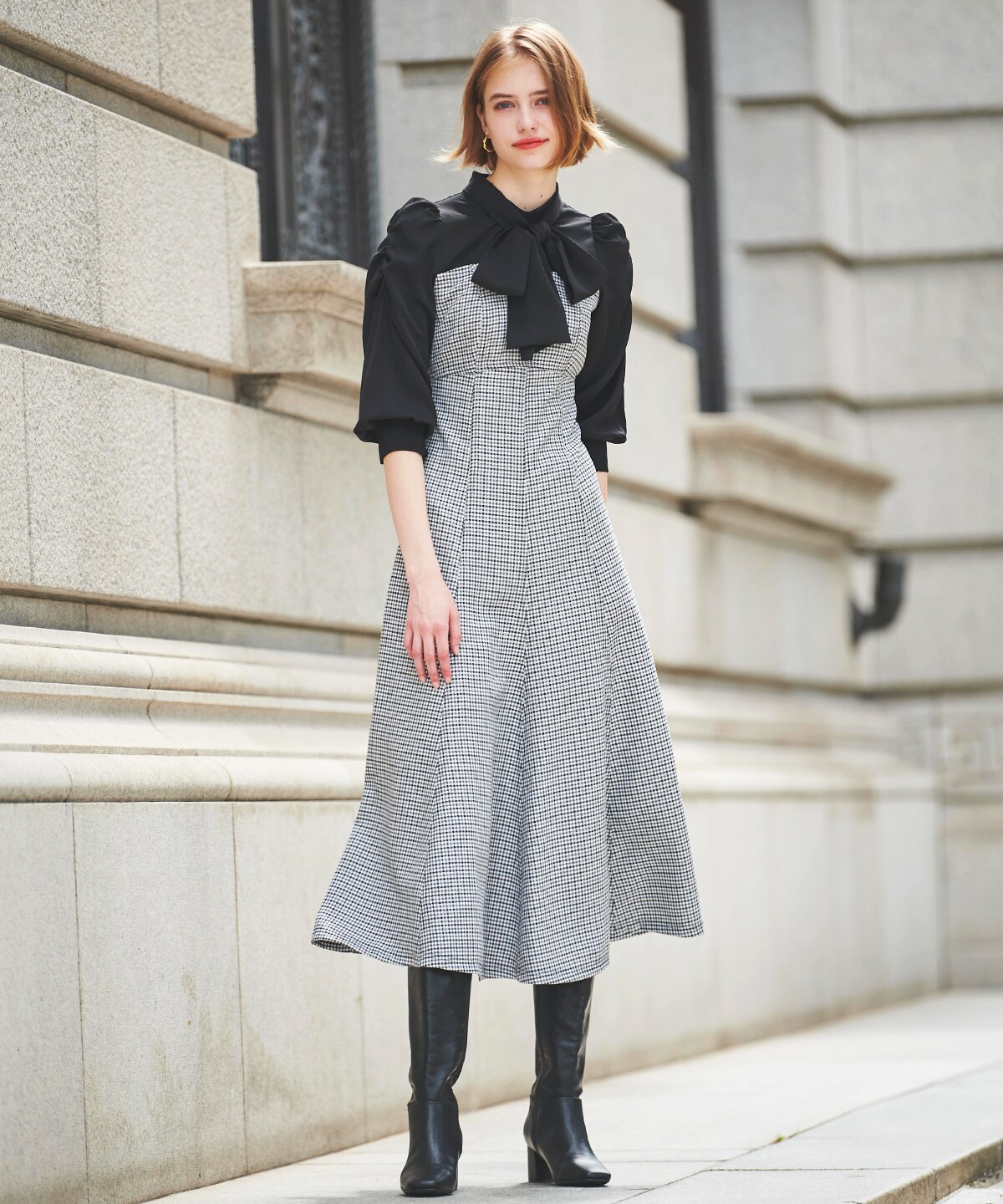 ヨーク切替千鳥柄ワンピース