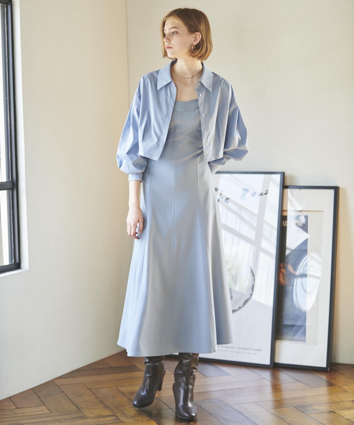  クロップド丈シャツ＋キャミワンピース
        