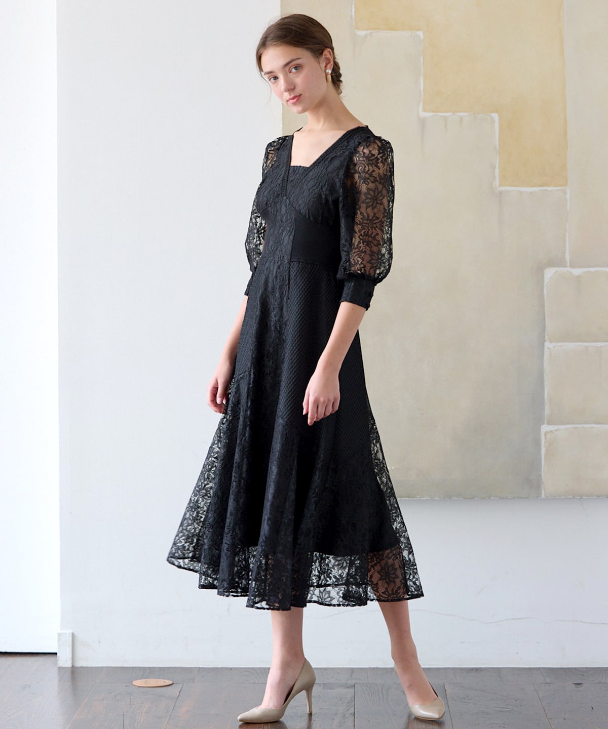 ウエストリブ切替イレヘムレースドレス