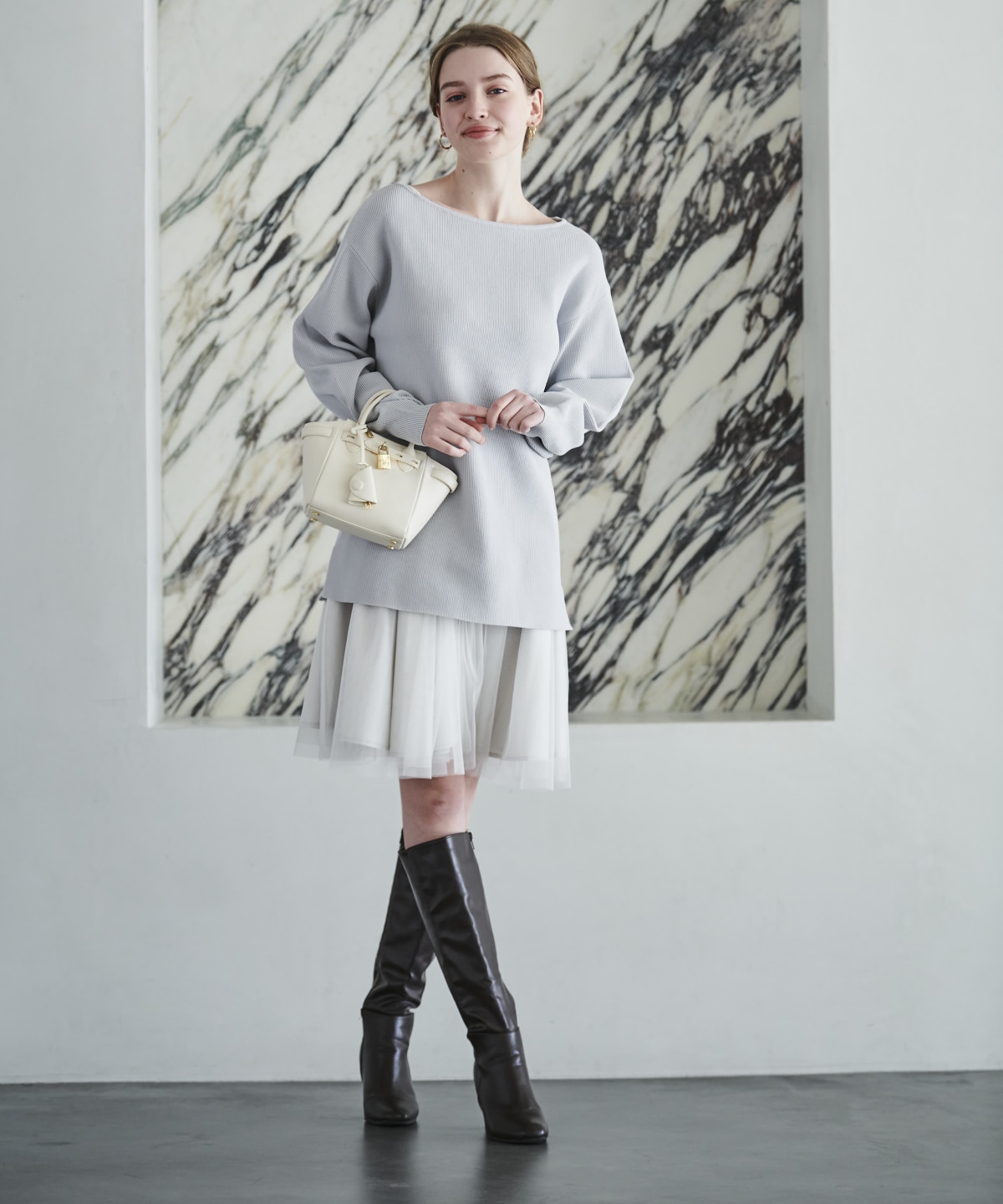 ロングニット＋チュールワンピース