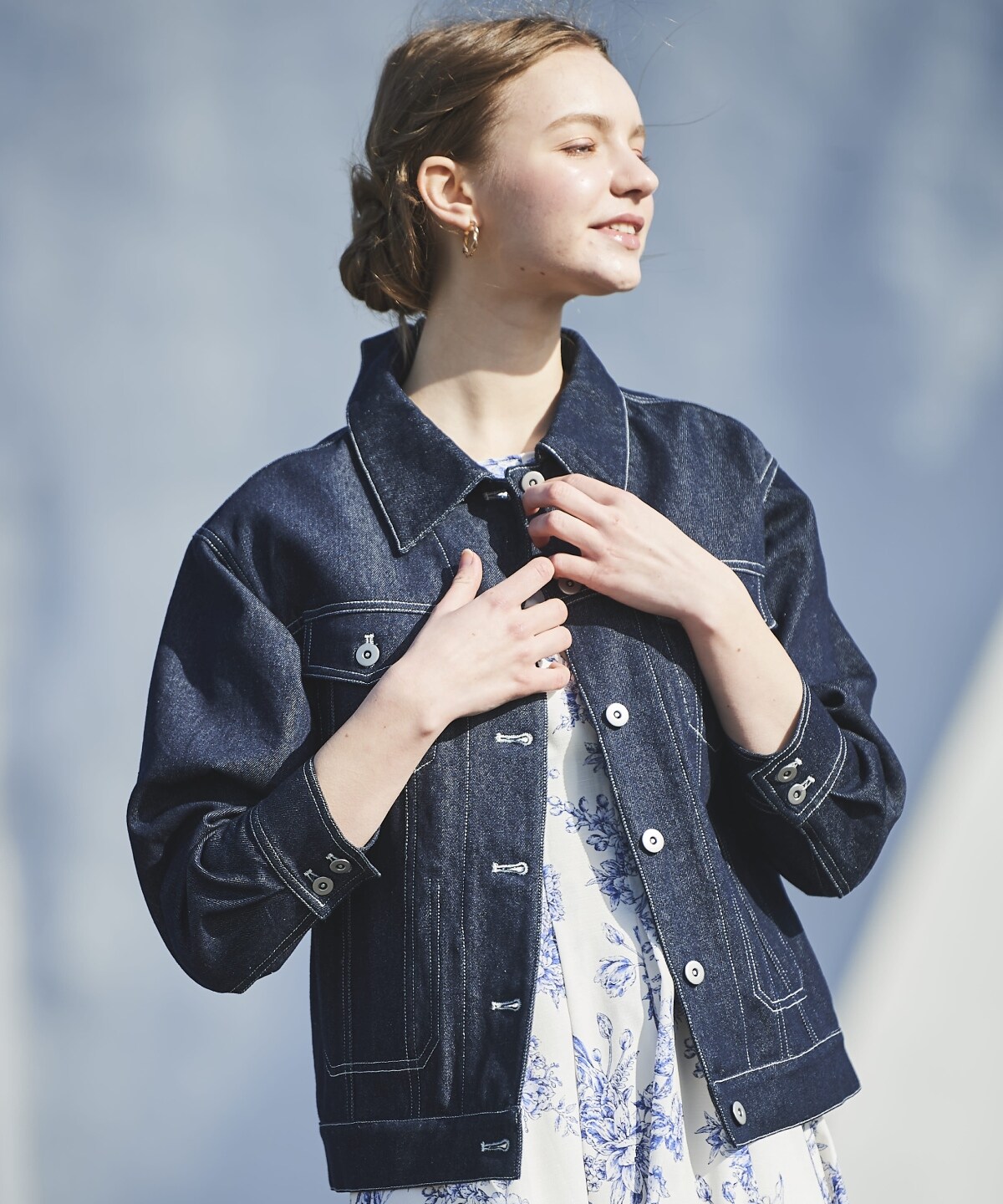  バックレースアップミドル丈デニムジャケット