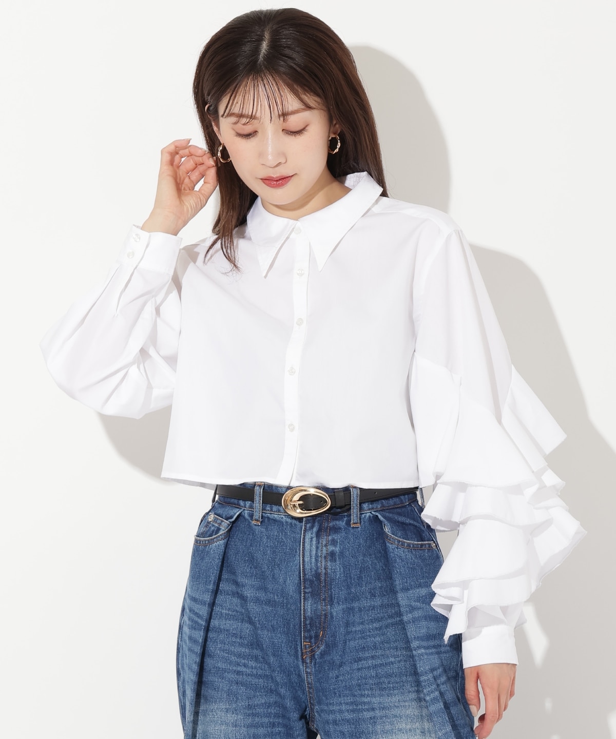 アシメ袖フリルシャツブラウス