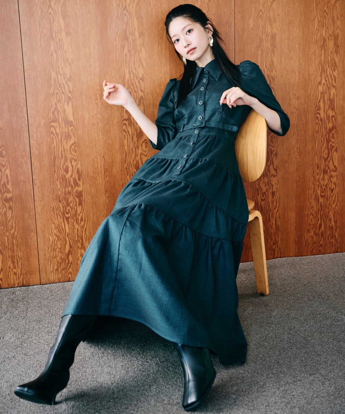 ベルト付ティアードシャツワンピース