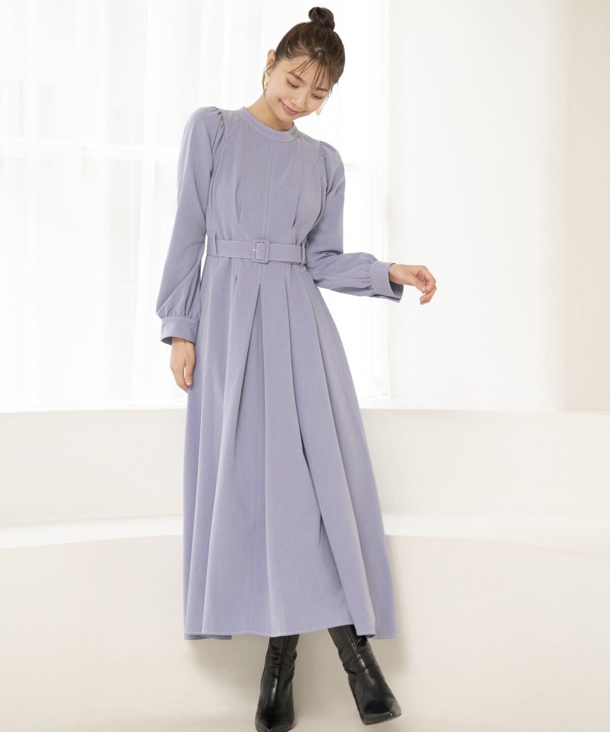 配色ステッチハイネックプリンセスワンピース