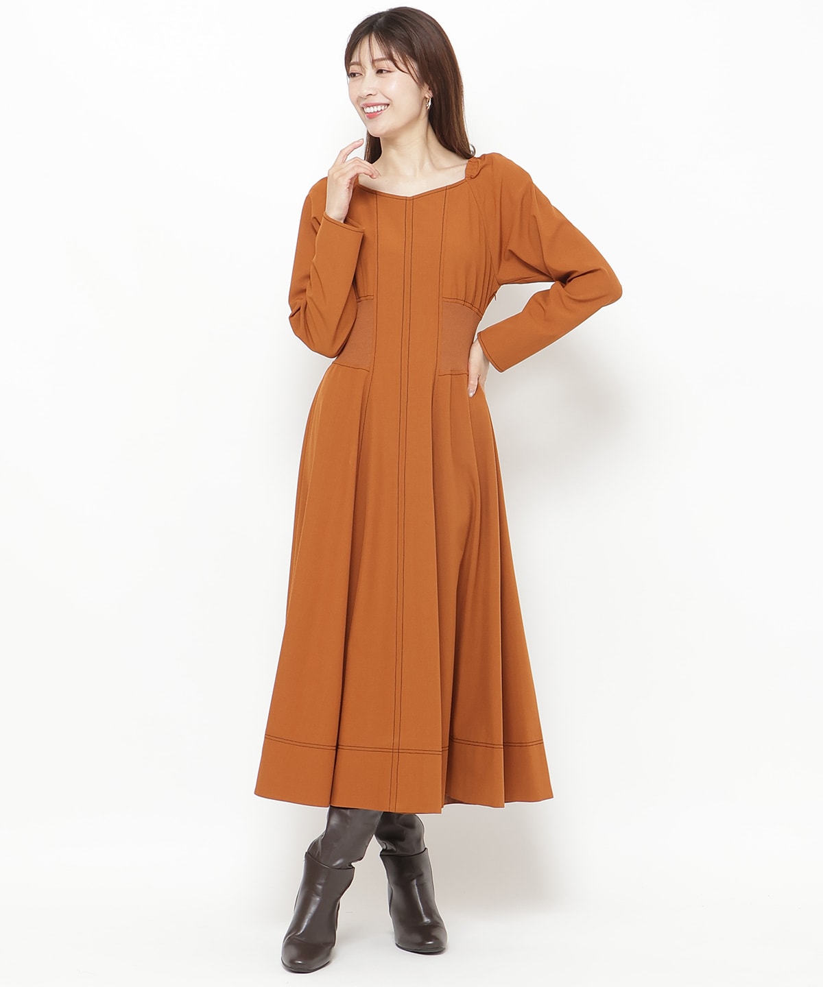 ウエストリブ配色ステッチワンピース(F オレンジ): And Couture｜公式  