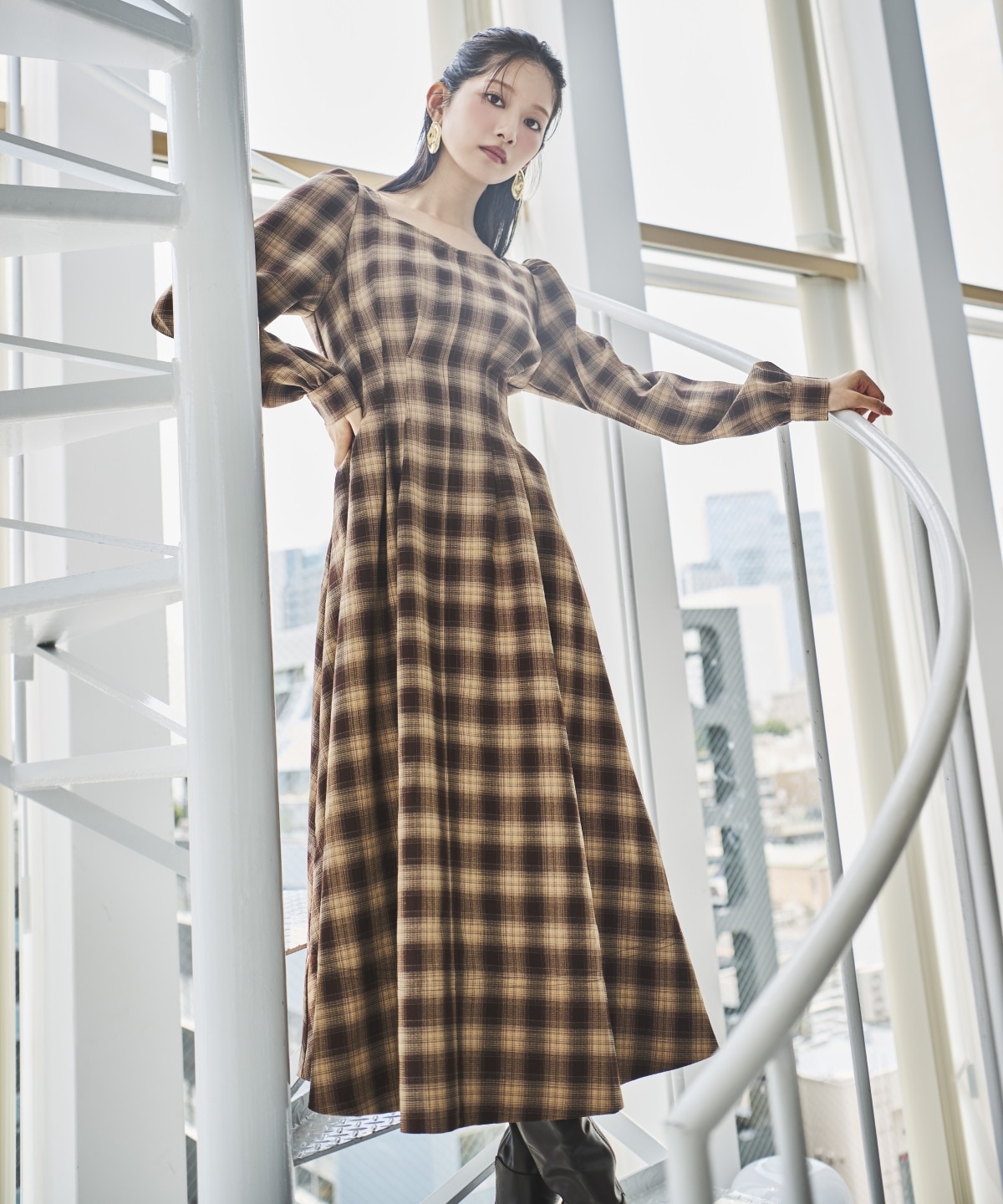 チェックウエストタックワンピース