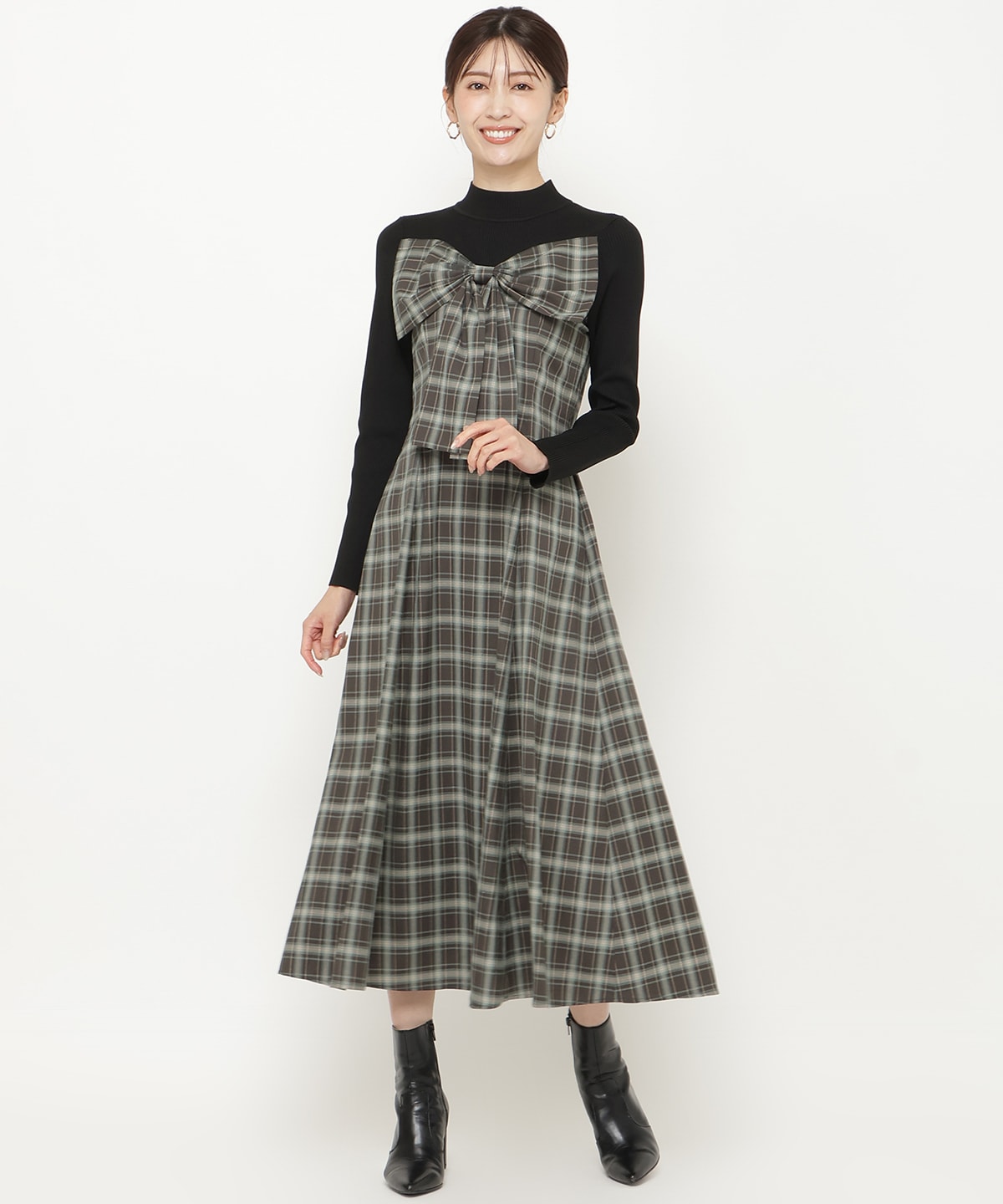 チェックリボン切替ワンピース
