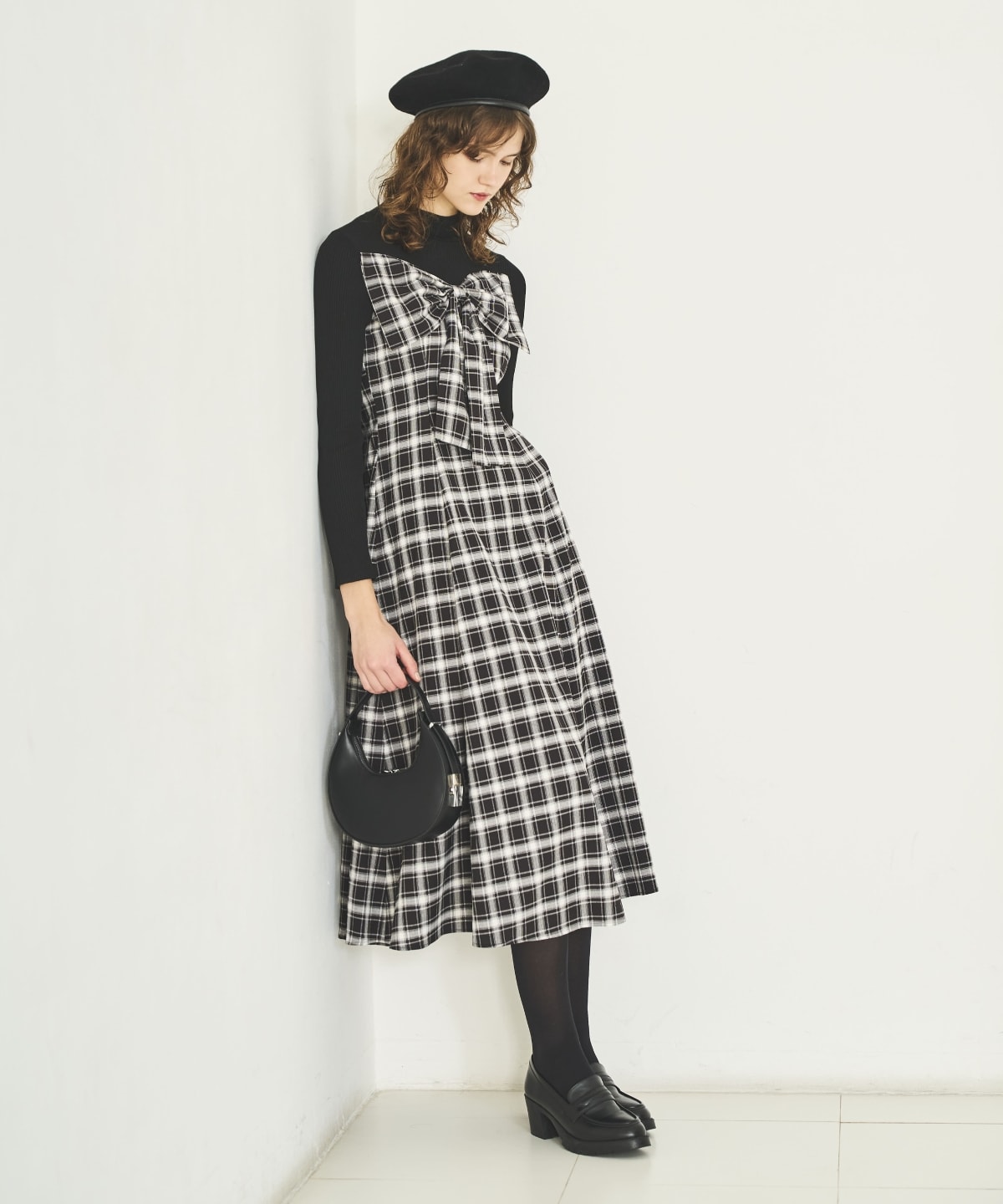 チェックリボン切替ワンピース