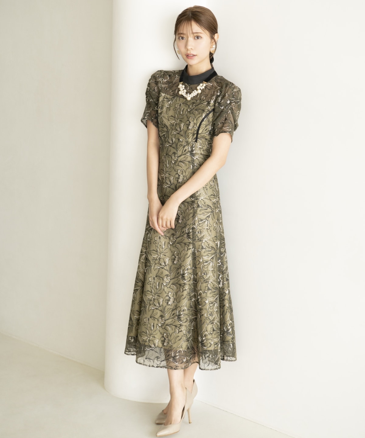 LEJA チュールパイピングリーフベルトAラインドレスワンピース LEJA】チュールパイピングリーフベルトAラインドレスワンピース