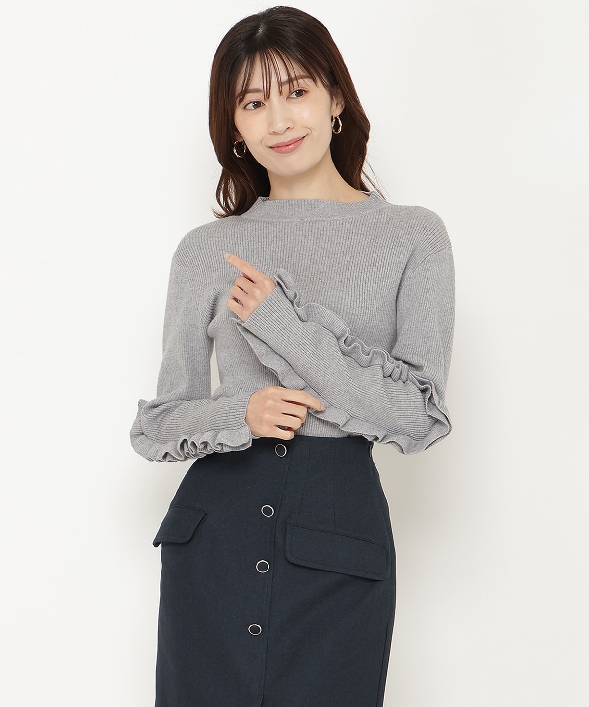 袖フリルハイネックリブニットプルオーバー