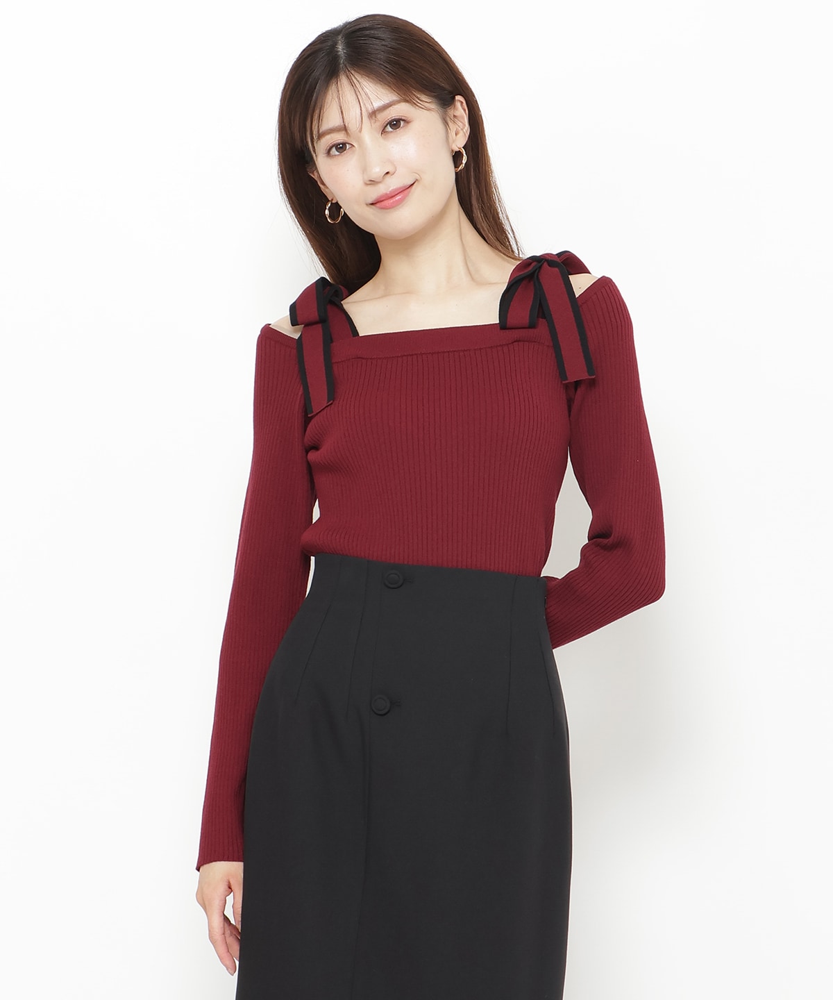 配色ショルダーリボンニットプルオーバー