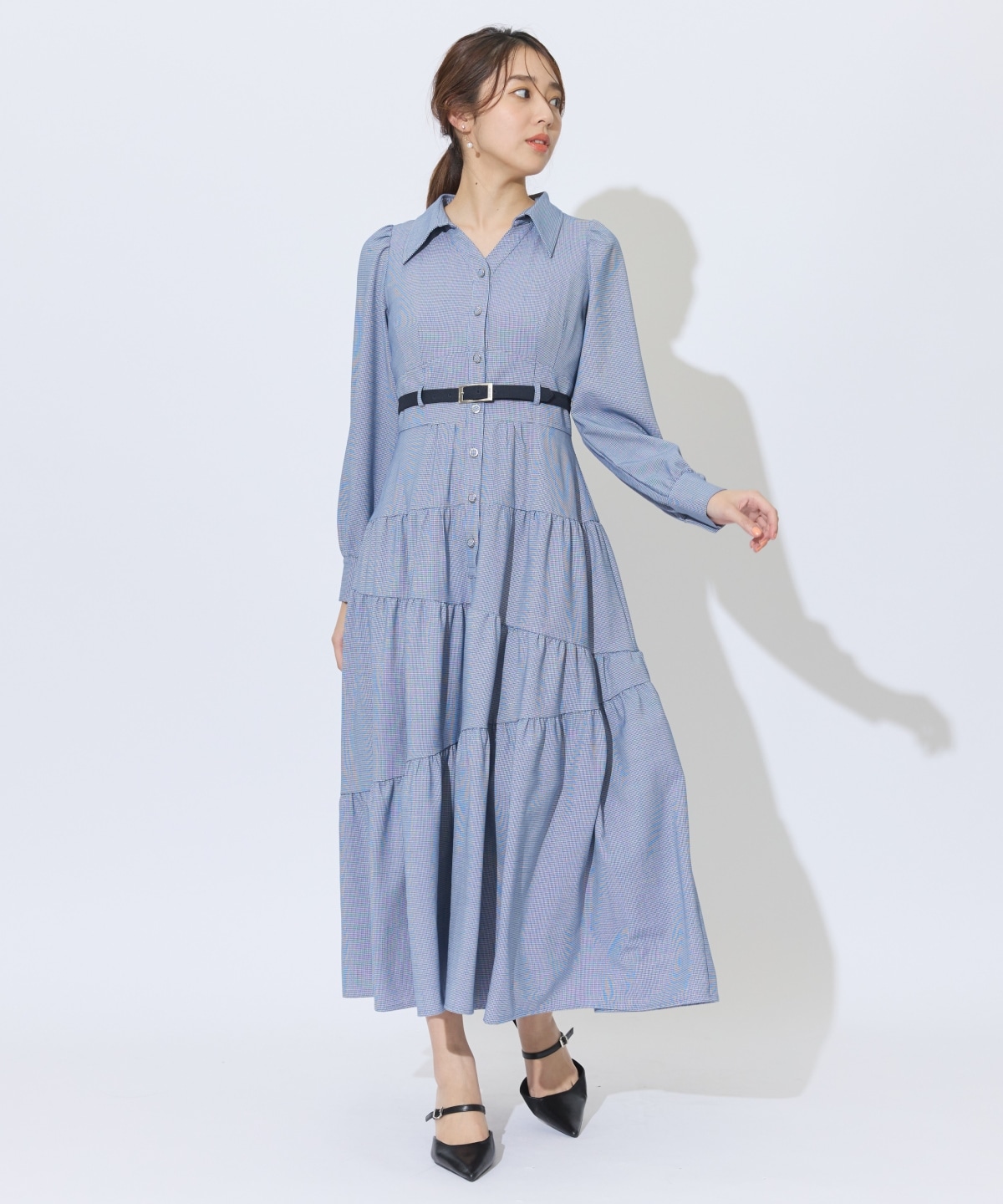 ラメ千鳥ティアードシャツワンピース