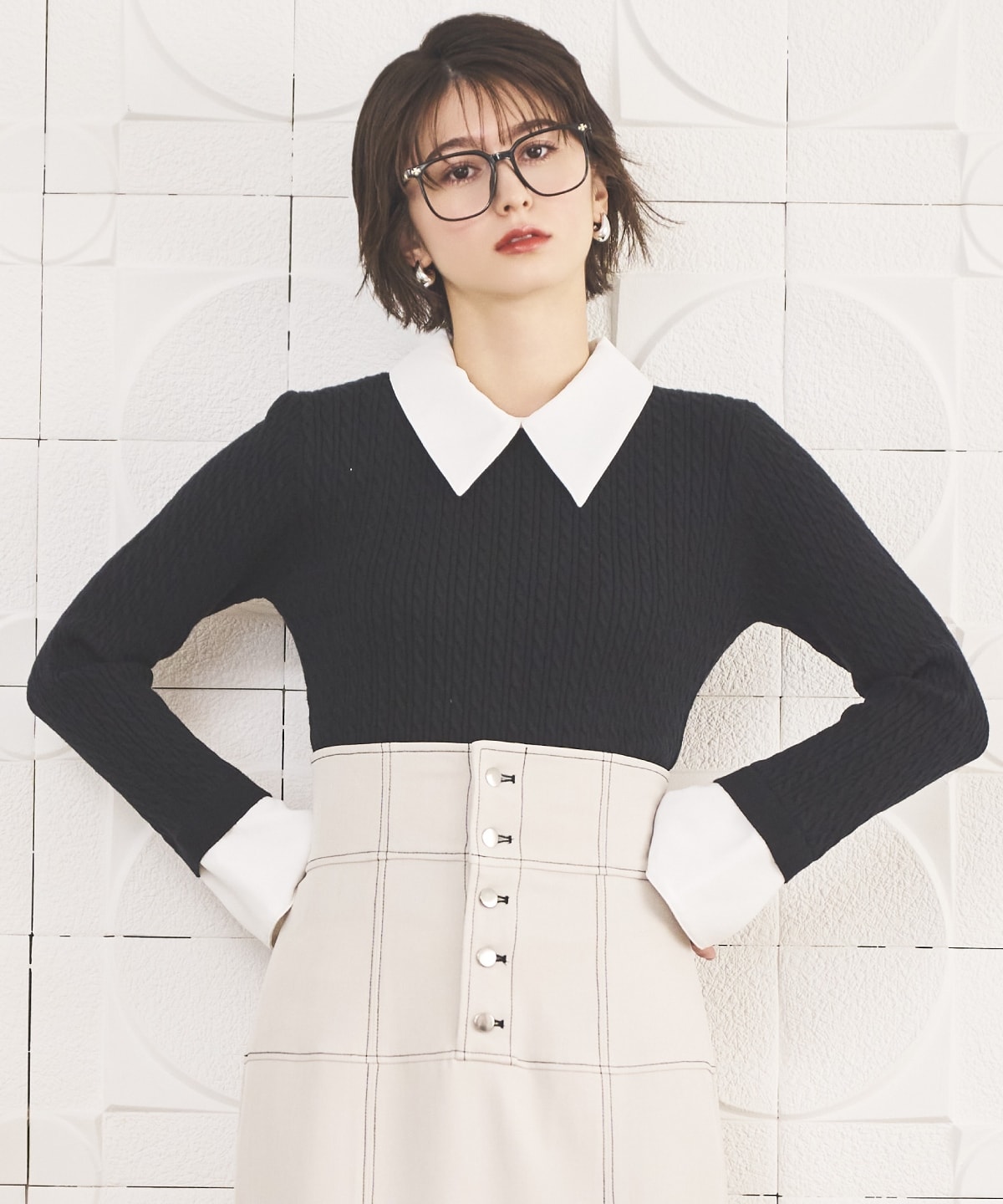 シャツレイヤード風ケーブル編みプルオーバー