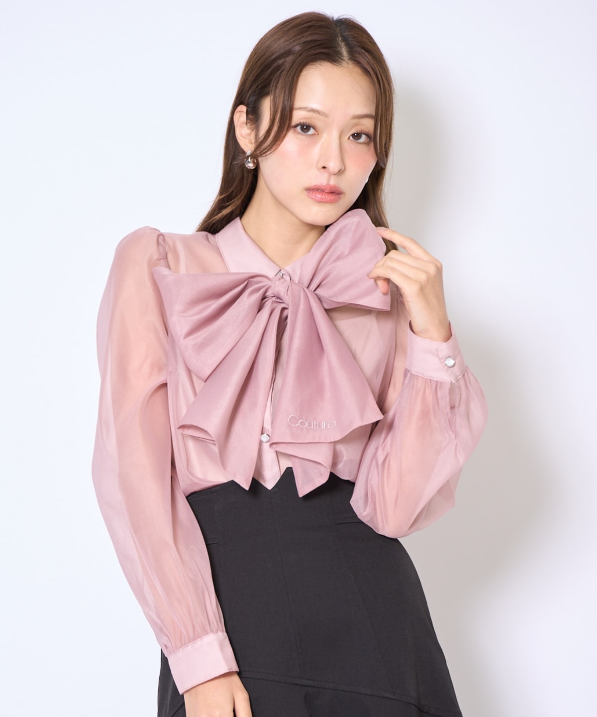 バタフライリボンシアー長袖ブラウス