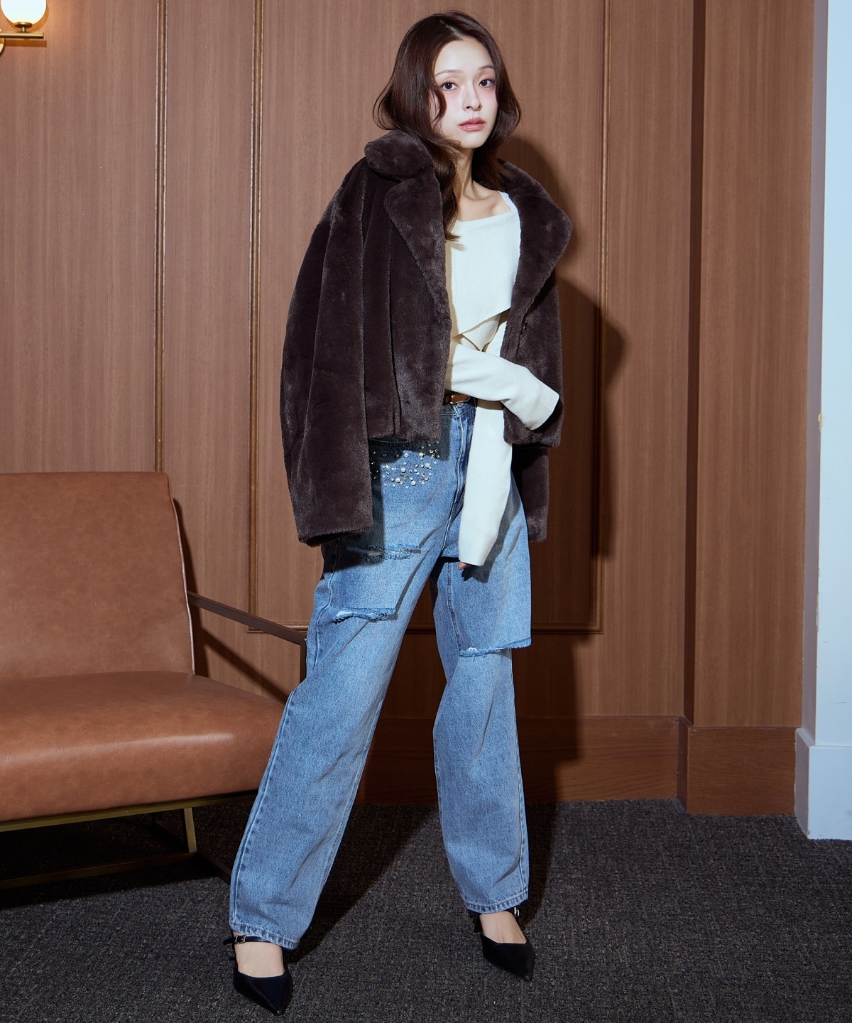 パール×ビジューダメージデニム