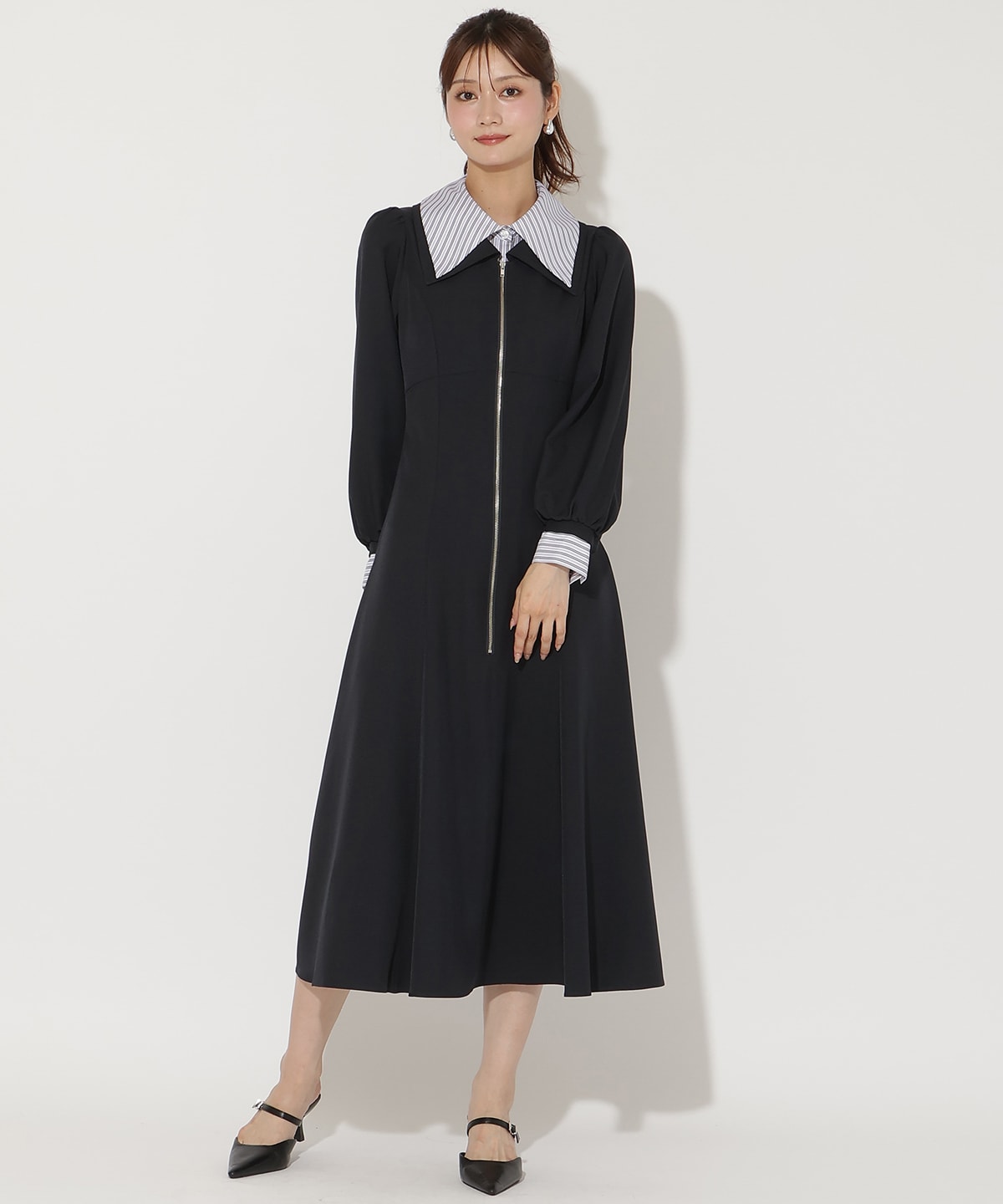 【REISS】魅惑的カットアウト/豪華ベルベット★Midi ワンピース レイヤード襟フロントZIPワンピース(F ブラウン): AND COUTURE