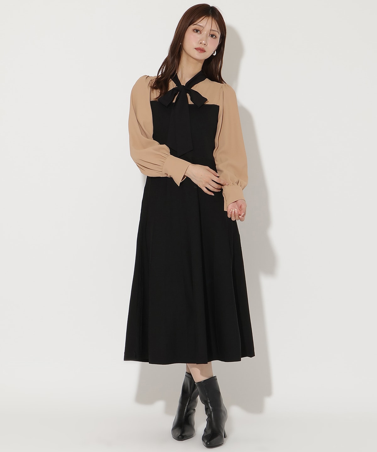 ニットビスチェ風リボンタイワンピース