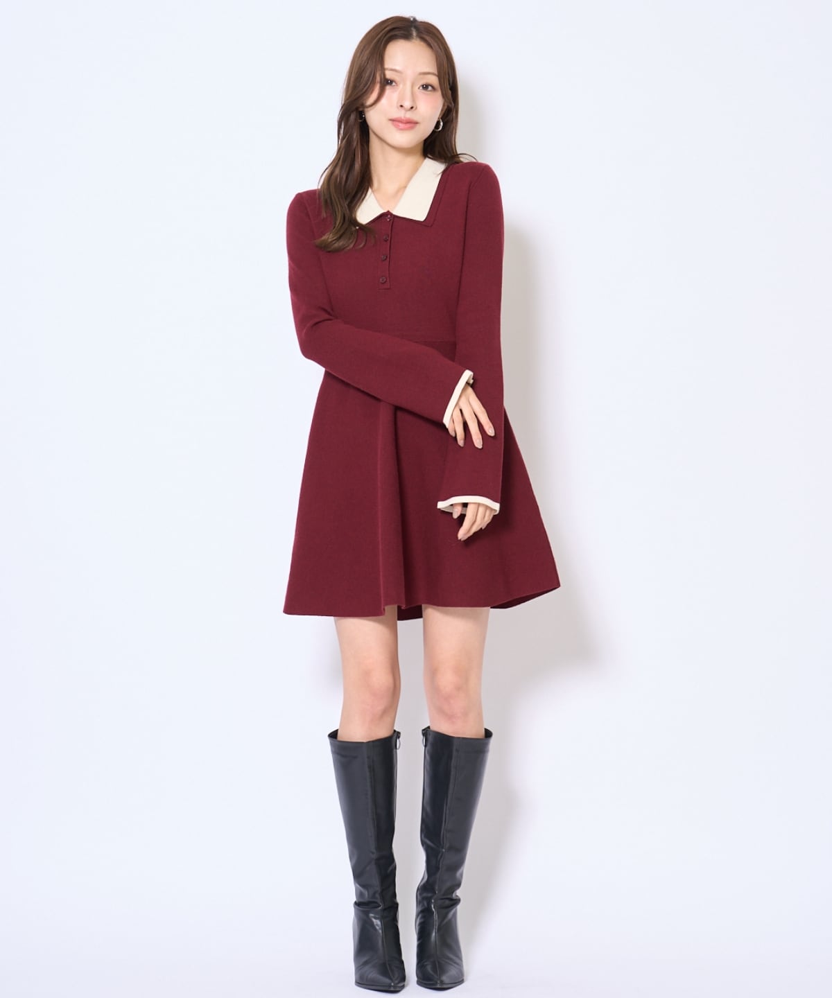 バイカラーポロニットフレアミニワンピース