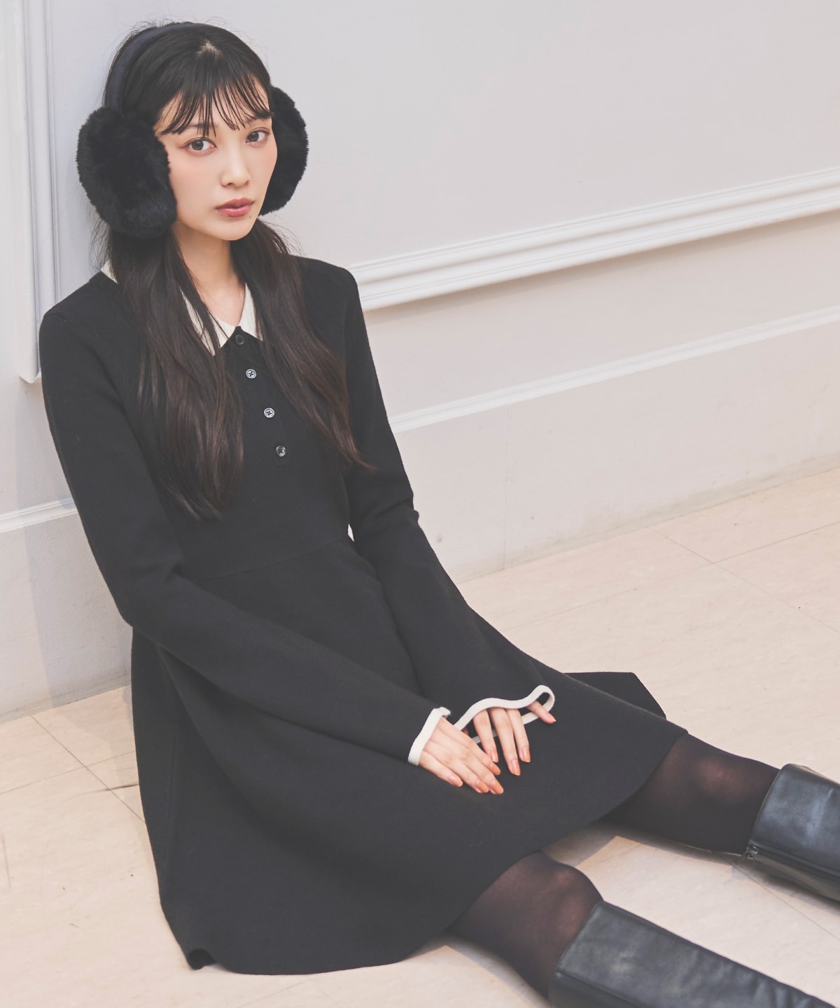 バイカラーポロニットフレアミニワンピース