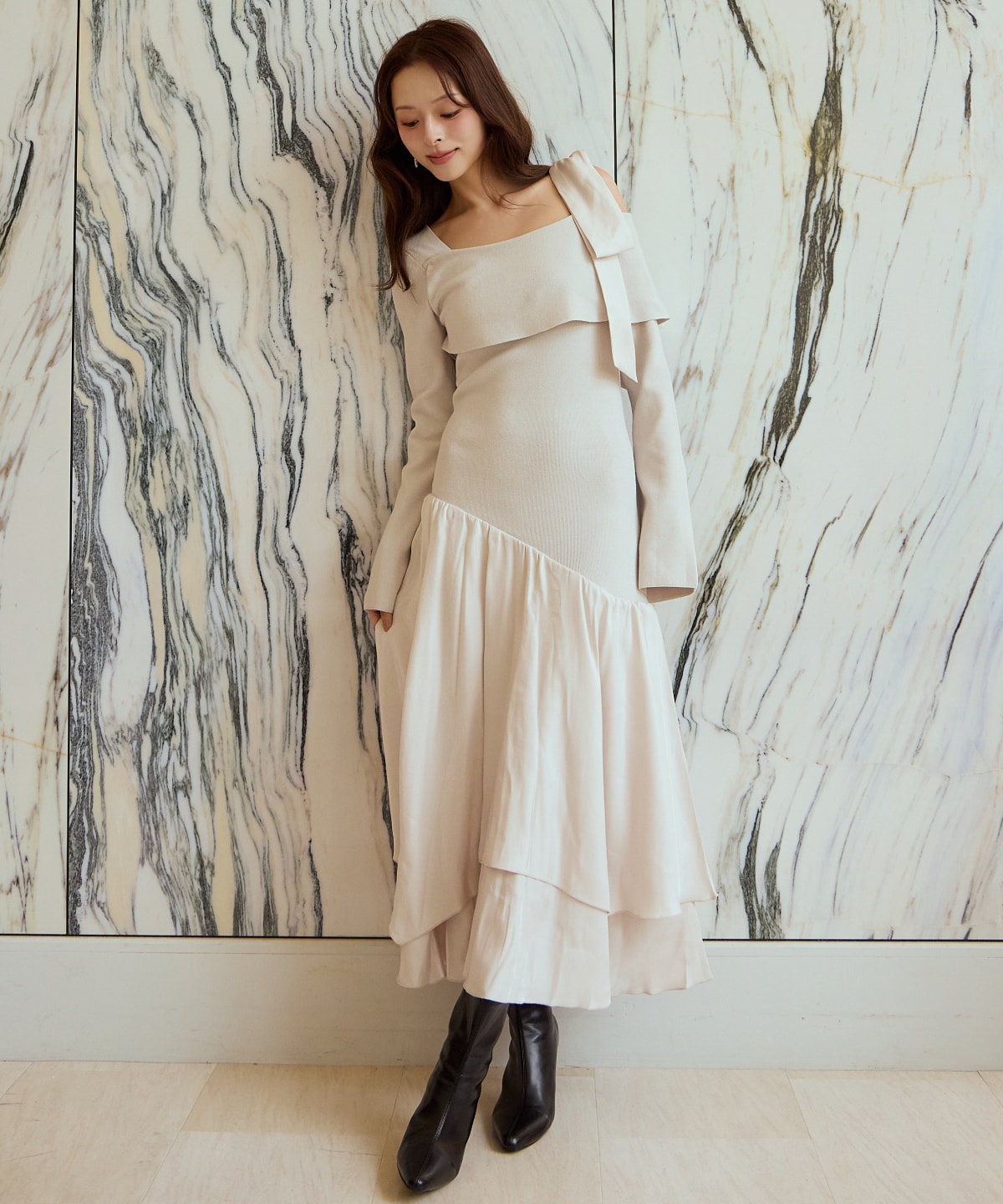 ショルダーリボンニットドッキングワンピース