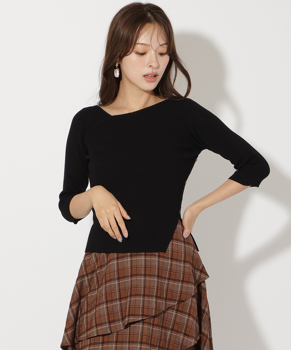 アシメVネック7分袖プルオーバー