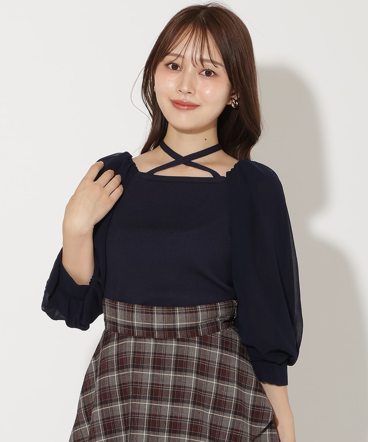 7分袖ホルターリボンニットプルオーバー