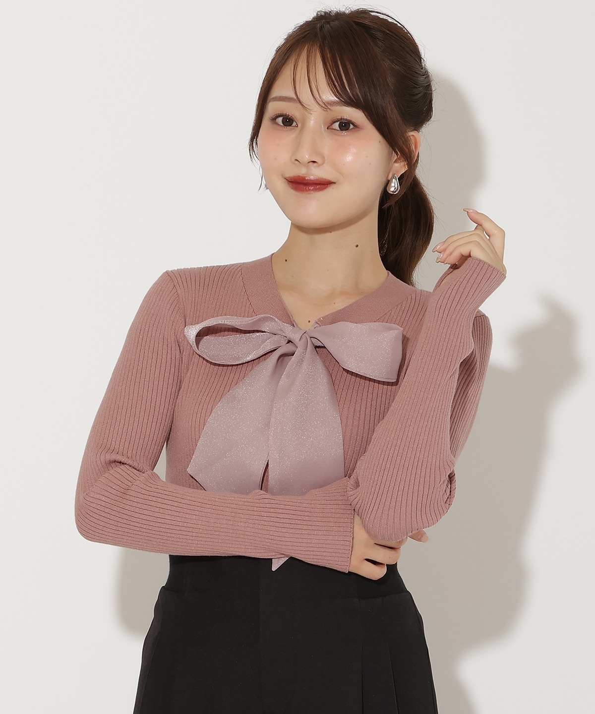リボンボウタイ付きリブプルオーバー