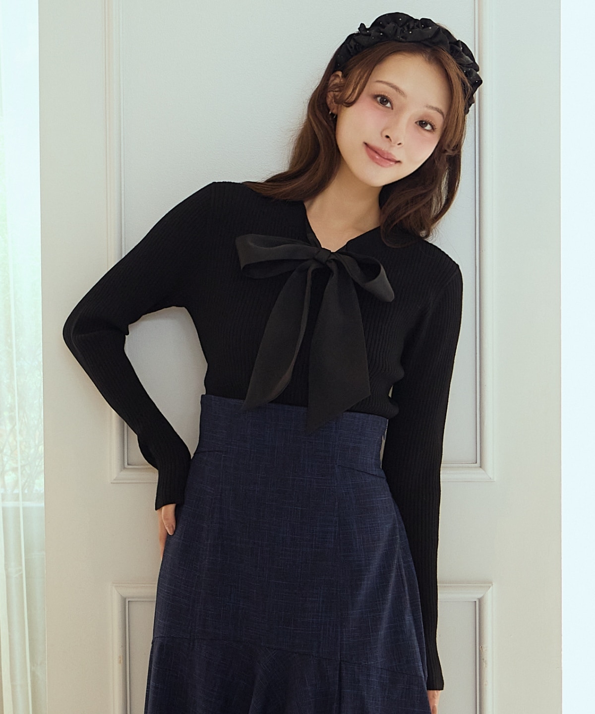 リボンボウタイ付きリブプルオーバー