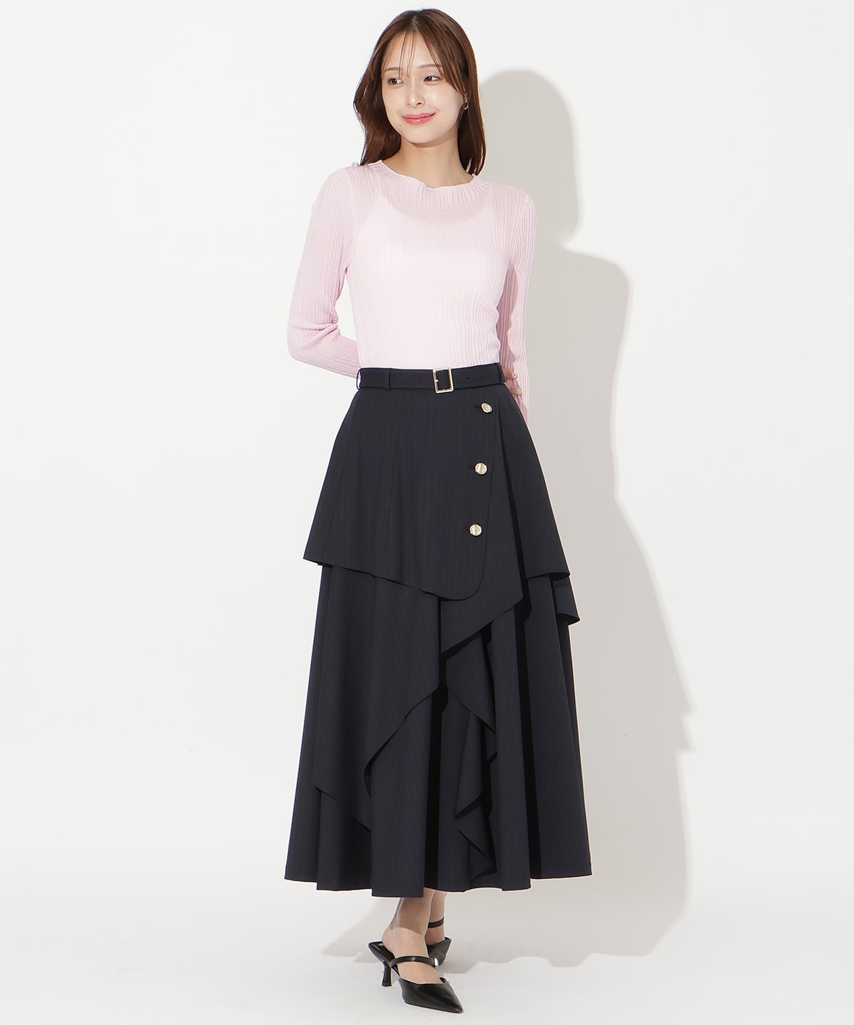 【先行予約受付中】ベルト付きレイヤードデザインフレアスカート