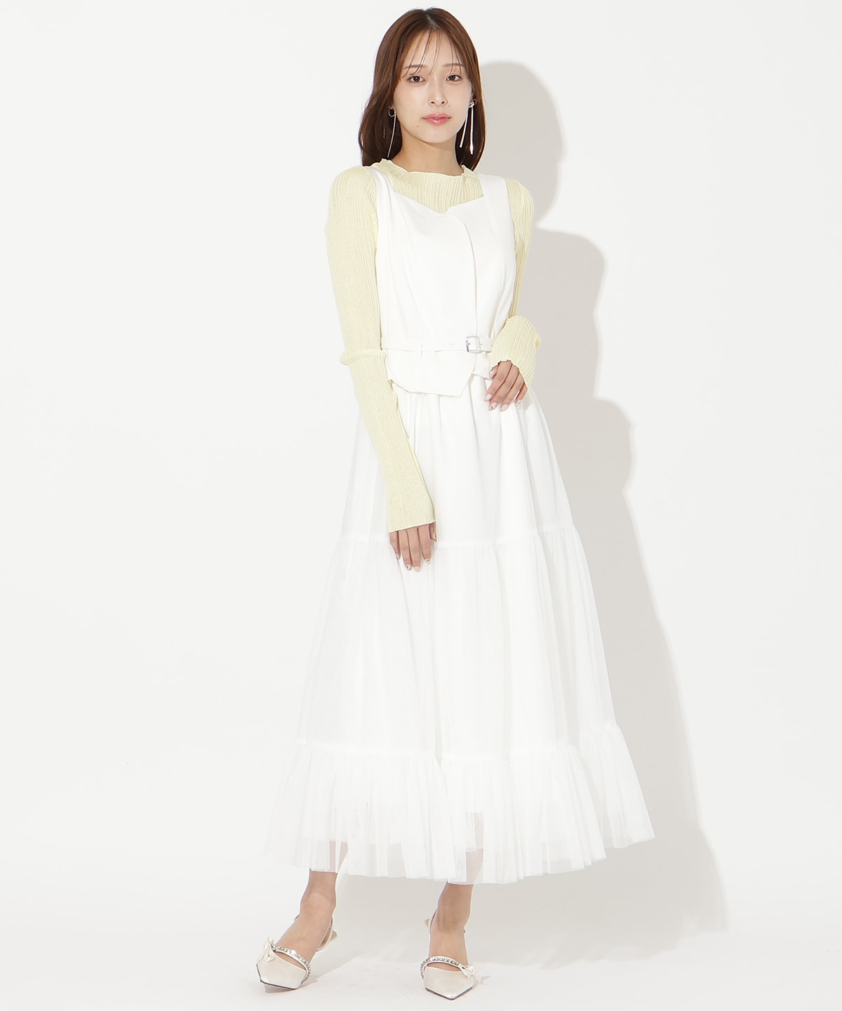 異素材ドッキングチュールワンピース