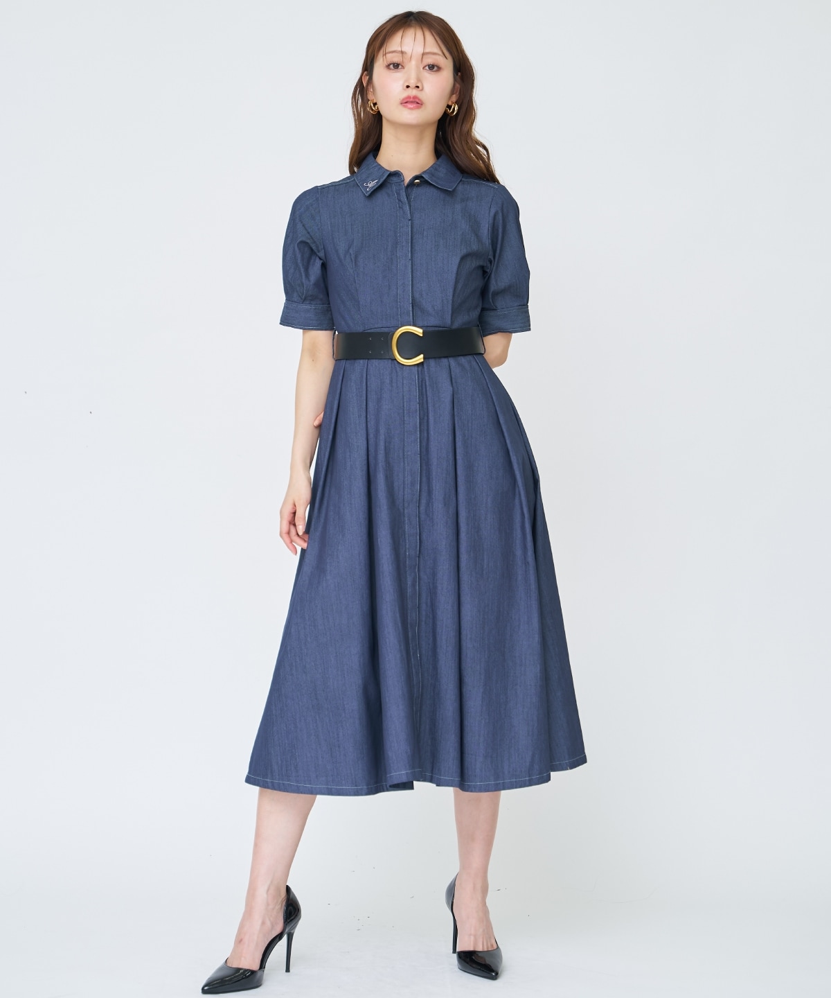 【先行予約受付中】ベルト付き５分袖デニムワンピース