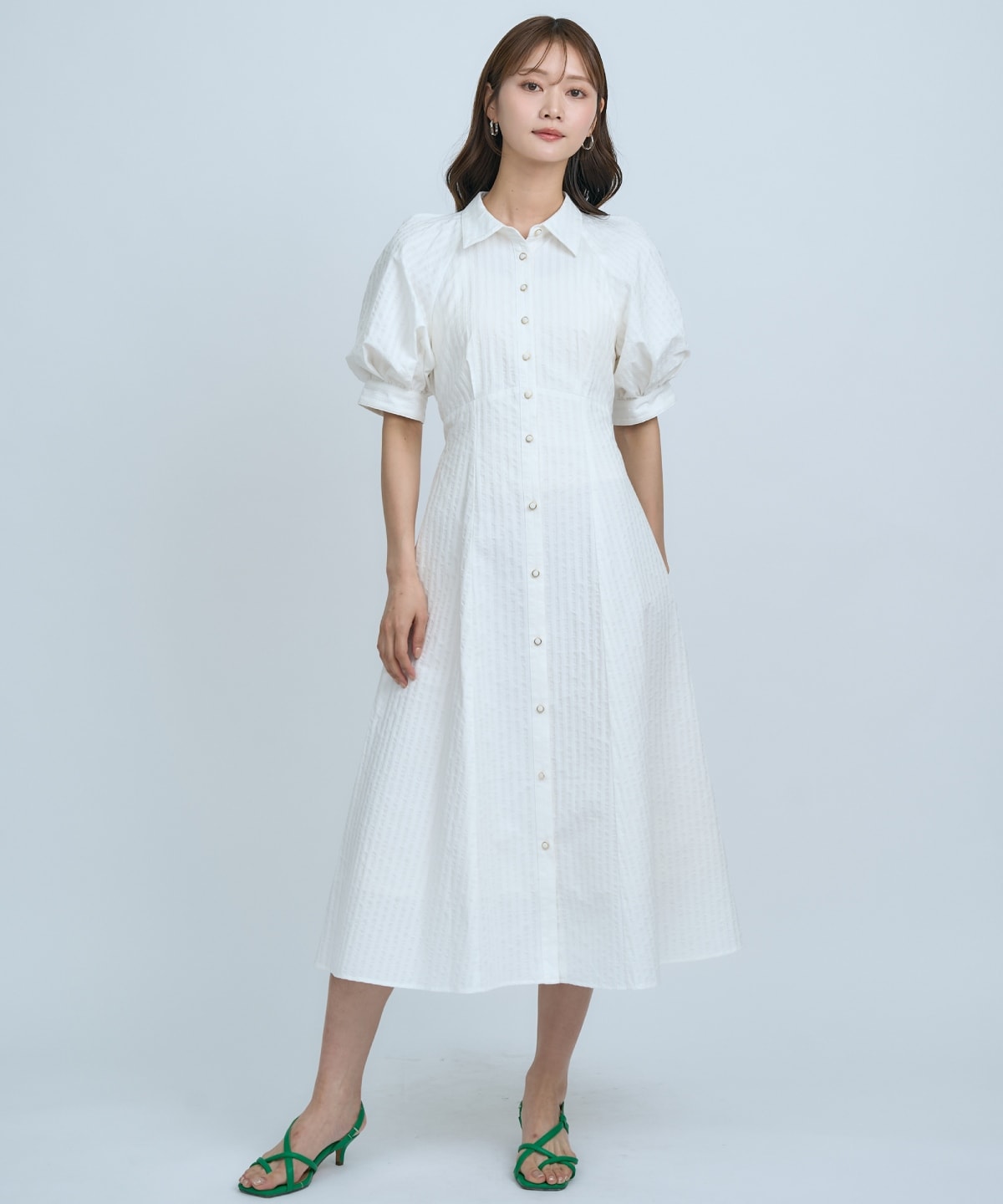 【先行予約受付中】ボリュームスリーブストライプワンピース