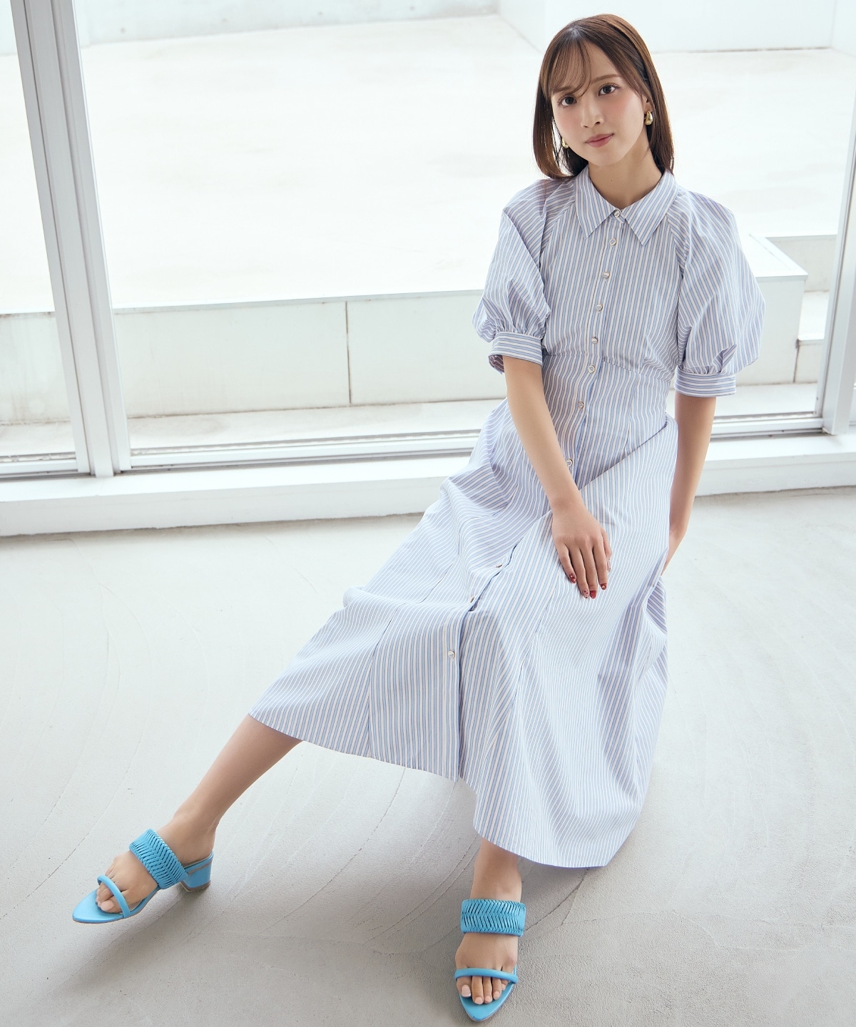 【先行予約受付中】ボリュームスリーブストライプワンピース