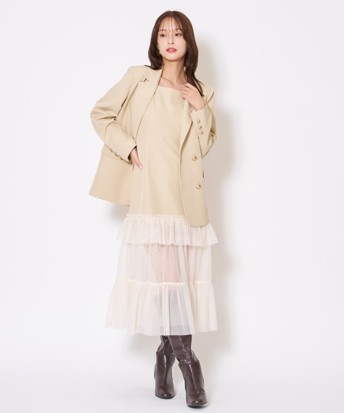 【先行予約受付中】ジャケット×シアーティアードワンピース