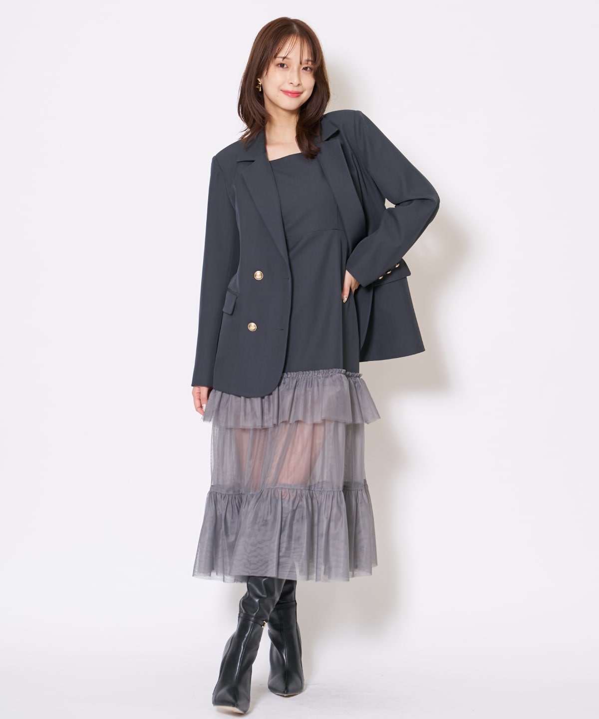 【先行予約受付中】ジャケット×シアーティアードワンピース