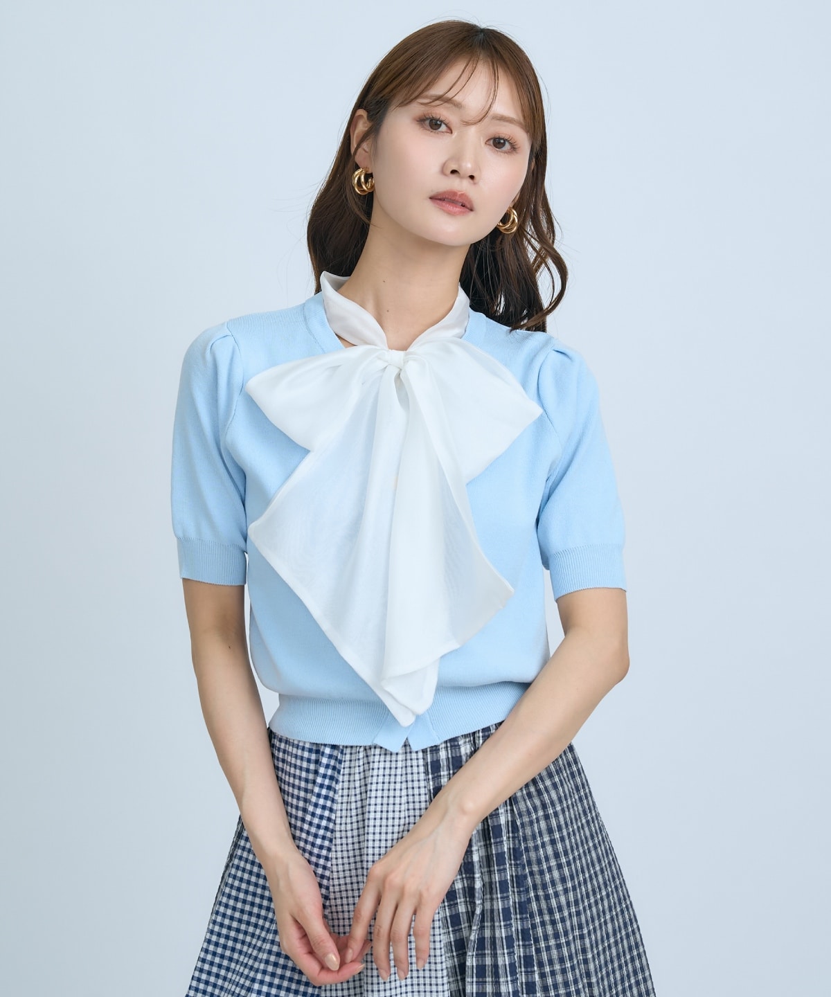 【先行予約受付中】異素材リボン半袖ニットカーディガン