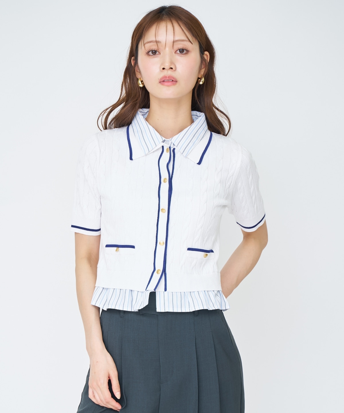 【先行予約受付中】配色シャツ襟ペプラムニットプルオーバー