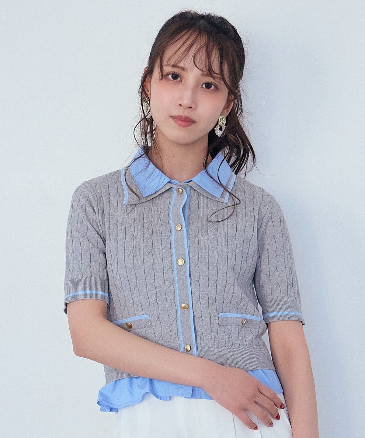 【先行予約受付中】配色シャツ襟ペプラムニットプルオーバー