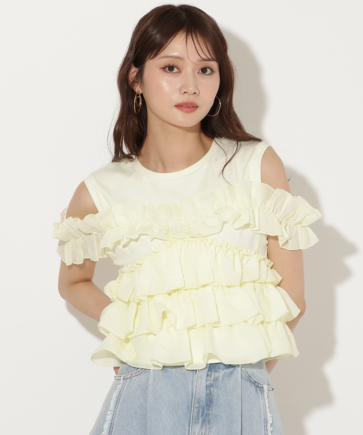 ティアードフリルコンビノースリーブTシャツ