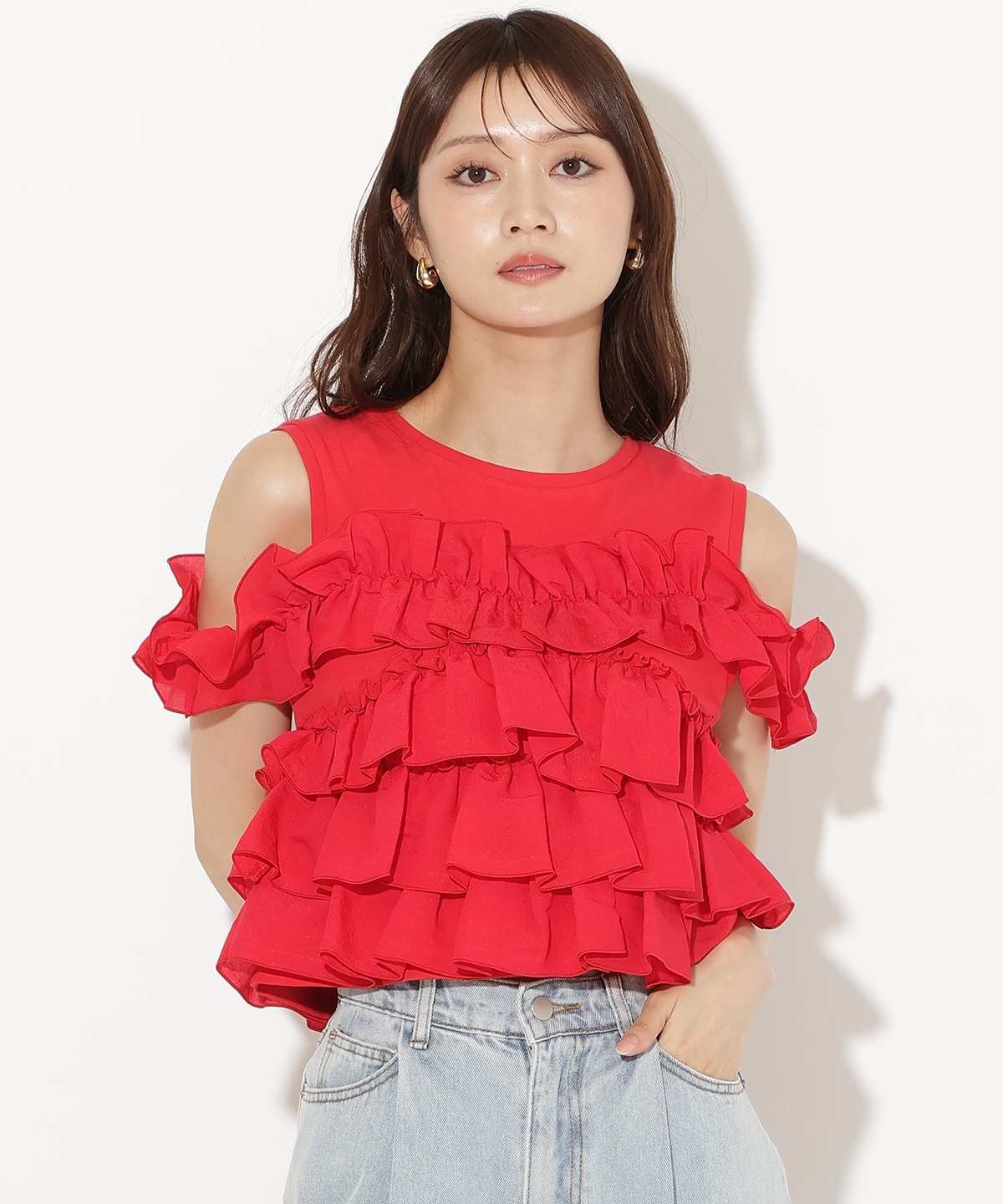 ティアードフリルコンビノースリーブＴシャツ