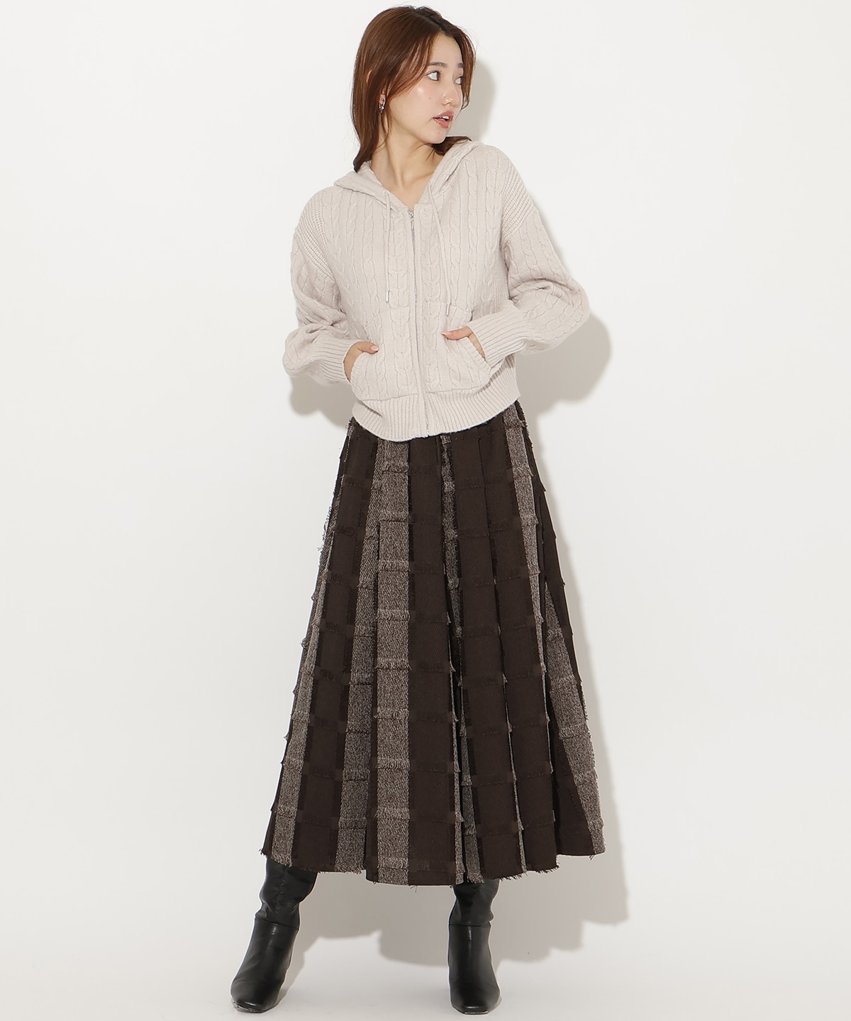 フリンジチェックジャガードロングスカート