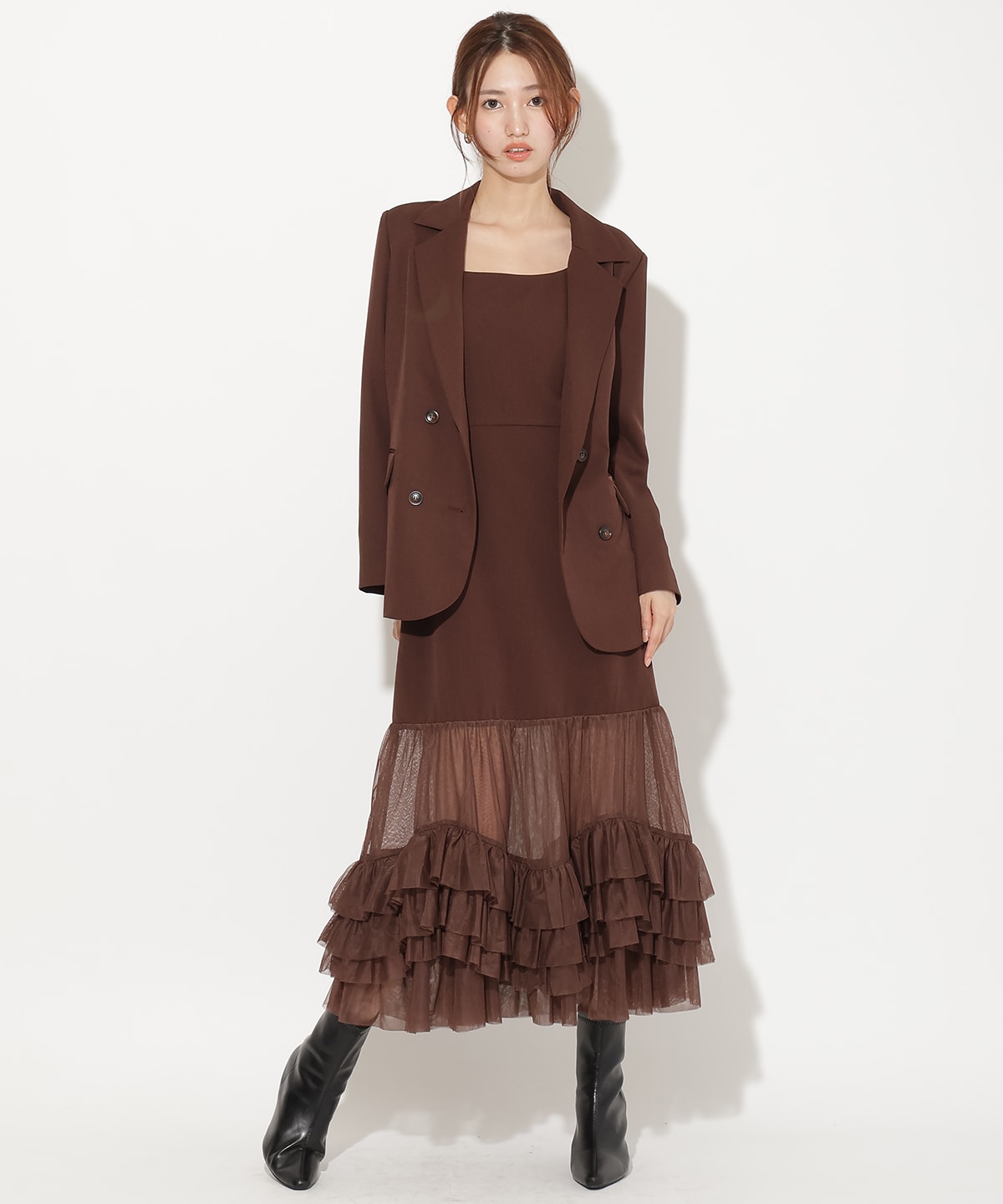 【先行予約受付中】ジャケット×シアーチュールレイヤーワンピース