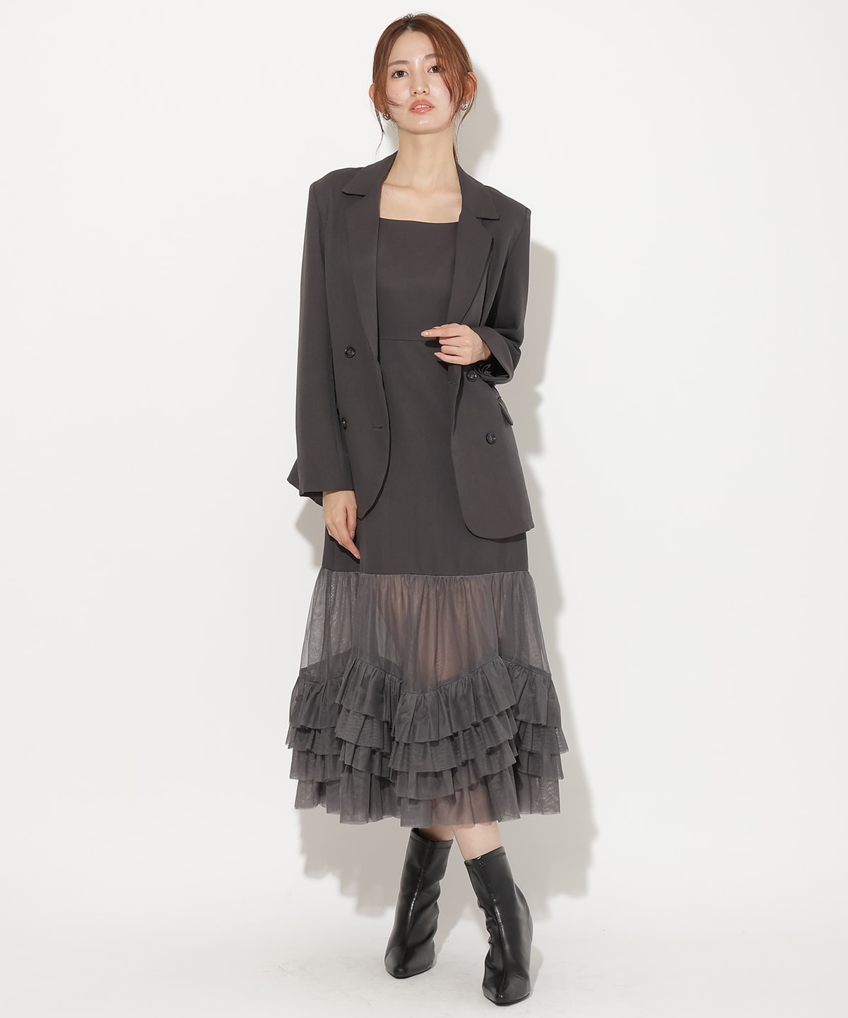 【先行予約受付中】ジャケット×シアーチュールレイヤーワンピース