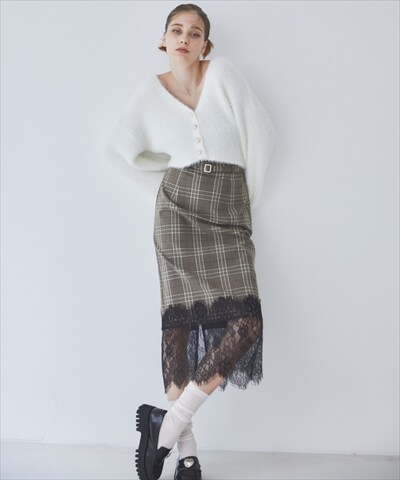 チェック×レースタイトスカート